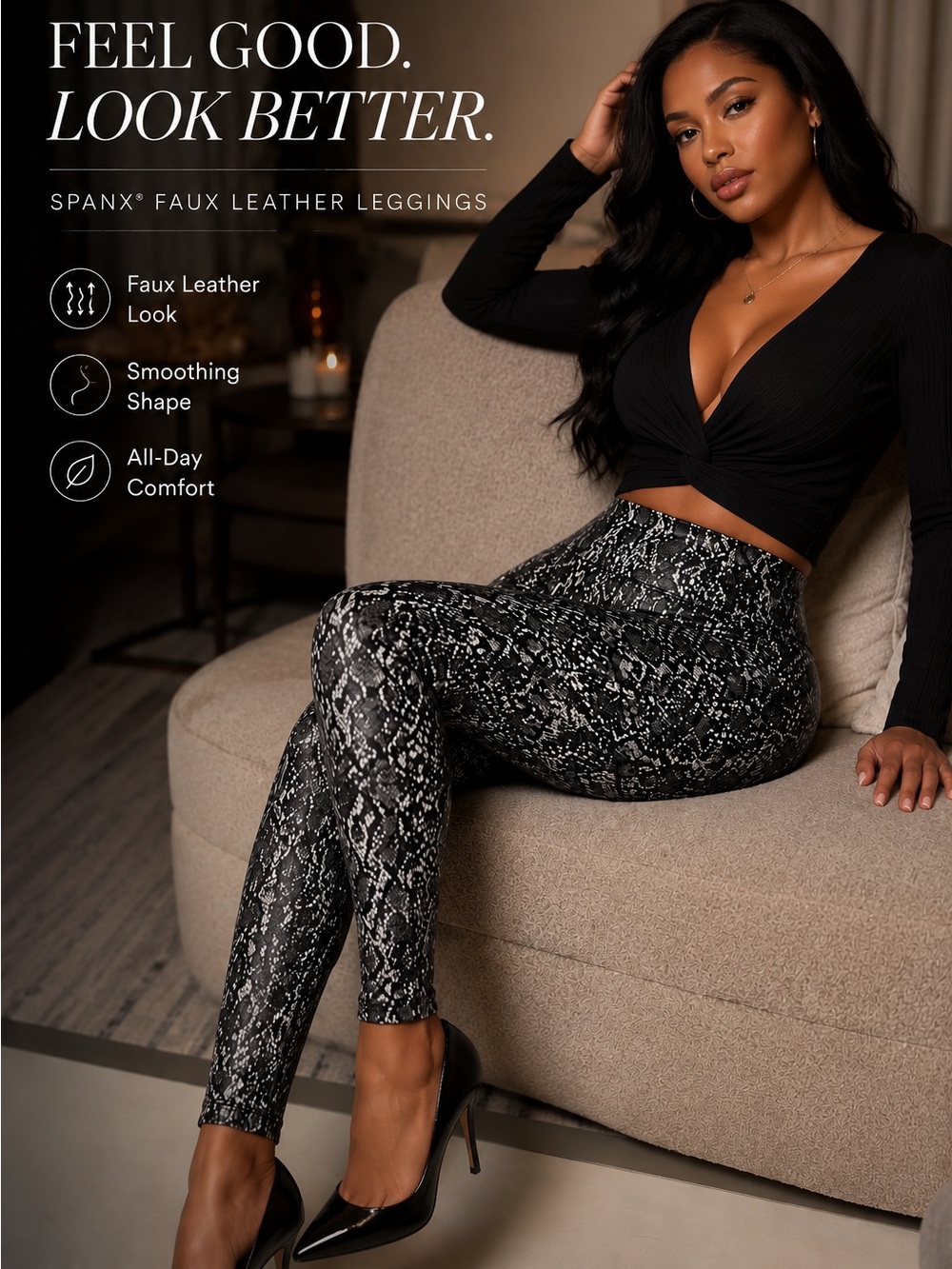 Spanx Faux Leather Snake-Print Leggings - Black/Gray sz small